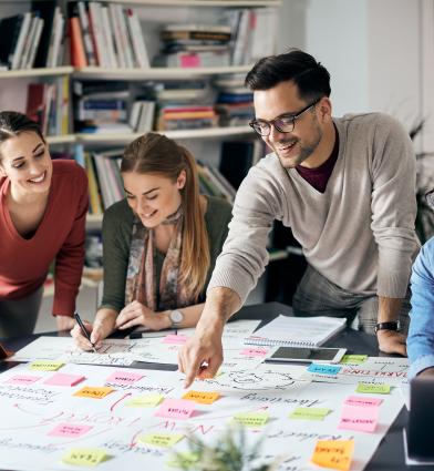 a group working together with post it notes